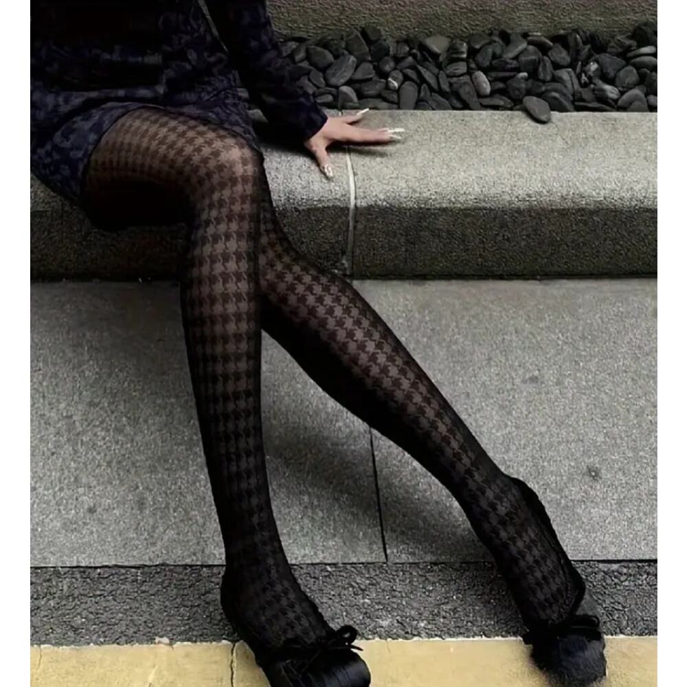 Houndstooth Stockings Pantyhose Sz S/M Preppy Academia Classic On Trend Business